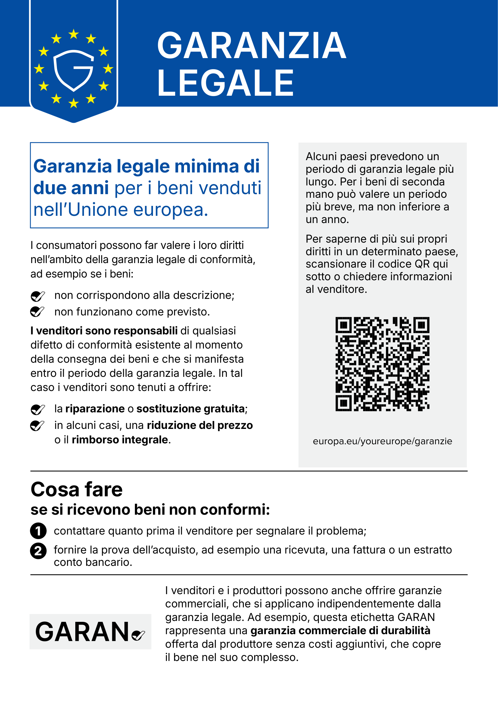 Avviso armonizzato dell'Unione europea sulla garanzia legale di conformità